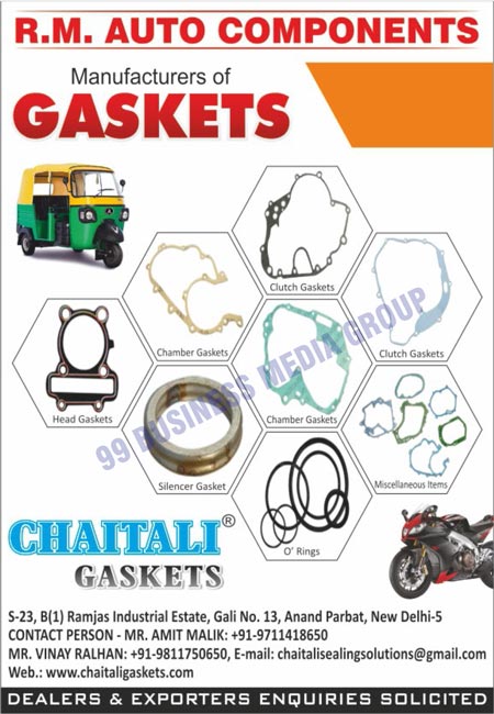 Automotive Gaskets, Two Wheeler Gaskets, Three Wheeler Gaskets, Clutch Gaskets, Chamber Gaskets, Magnet Gaskets, Head Gaskets, Steel Silencer Gaskets, Copper Silencer Gaskets, Cylinder Gaskets, O Rings, Head Seal Covers, Gasket Kits, Two Wheelers O Rings, Two Wheelers Head Seal Covers, Three Wheelers Gaskets, Three Wheelers O Rings, Three Wheeler Head Seal Covers, Brake Shoes, Clutch Shoes, Cup Cones, Pressure Plates, Rubber Parts, Air Filters, Miscellaneous Items, Shine Air Filters, Super Splendor Air Filters