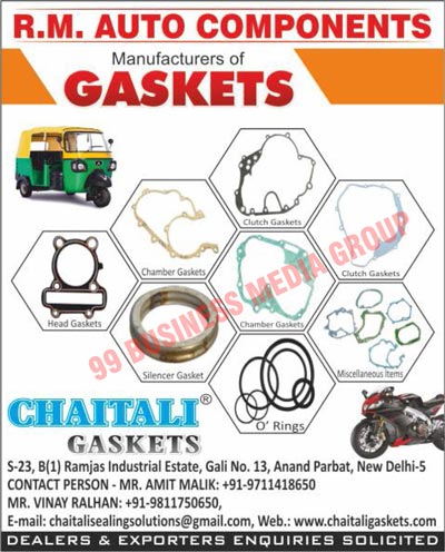 Automotive Gaskets, Two Wheeler Gaskets, Three Wheeler Gaskets, Clutch Gaskets, Chamber Gaskets, Magnet Gaskets, Head Gaskets, Steel Silencer Gaskets, Copper Silencer Gaskets, Cylinder Gaskets, O Rings, Head Seal Covers, Gasket Kits, Two Wheelers O Rings, Two Wheelers Head Seal Covers, Three Wheelers Gaskets, Three Wheelers O Rings, Three Wheeler Head Seal Covers, Brake Shoes, Clutch Shoes, Cup Cones, Pressure Plates, Rubber Parts, Air Filters, Miscellaneous Items, Shine Air Filters, Super Splendor Air Filters