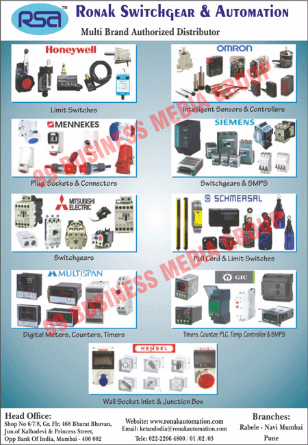 Limit Switches, Intelligent Sensors, Intelligent Controllers, Plugs, Sockets, Connectors, Switch Gears, SMPSs, Pull Cords, Limit Switches, Digital Meters, Digital Counters, Digital Timers, Wall Socket Inlets, Junction Boxes, PLCs, Timers, Counters, Temperature Controllers