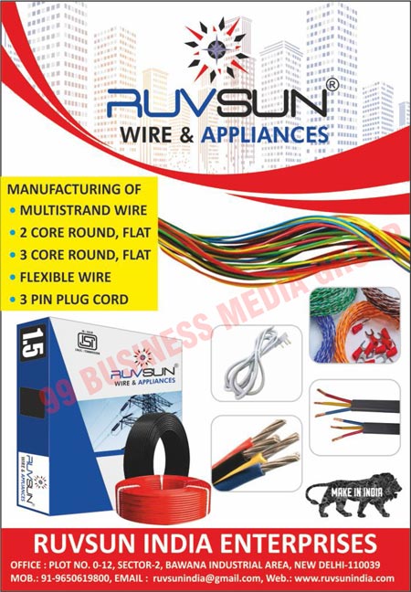 Wires, Multistrand Wires, 2 Core Round Wires, 2 Core Flat Cables, 3 Core Round Wires, 3 Core Flat Cables, Flexible Wires, 3 Pin Plug Cords