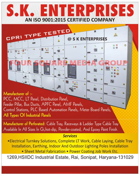 PCC, MCC, LT Panels, Distribution Panels, Feeder Pillars, Bus Ducts, APFC Panels, AMF Panels, Control Stations, PLC Based Automation Panels, Meter Board Panels, Industrial Panels, Perforated Cable Trays, Raceways Cable Trays, Ladder Type Cable Trays, Electrical Turnkey Solutions, LT Works, Cable Laying Services, Cable Tray Services, Cable Tray Installation Services, Earthing Services, Indoor Lighting Poles Installation Services, Outdoor Lighting Poles Installation Services, Sheet Metal Fabrication Services, Power Coating Job Works