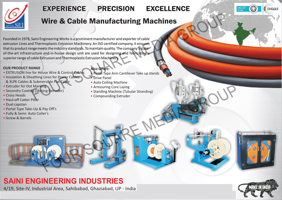 Wire Manufacturing Machines, Cable Manufacturing Machines, House Wire Extrusion Lines, Control Cable Extrusion Lines, Power Cable Insulation Lines, XLPE Cable Insulation Lines, Submersible Flat Cable Insulation Lines, Extruder For Dot Marking, Secondary Coating Machines, Skining Extruders, Cross Heads, Haul Off Catter Pillar, Dual Capstans, Portal Type Take Ups, Portal Type Pay Offs, Auto Coilers, Screws, Barrels, Pintal Type Arm Cantilever Take Up Stands, Drive Panels, Auto Coiling Machines, Armouring Core Layings, Standing Machines, Tubular Stranding Machines, Compounding Extruders, Power Cable Sheathing Lines, XLPE Cable Sheathing Lines, Submersible Flat Cable Sheathing Lines, Submersible Flat Cable Sheathing Lines, Thermoplastic Extrusion Machinery
