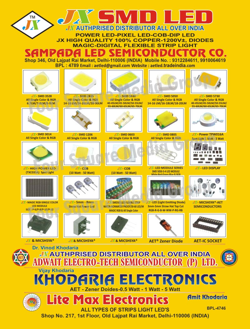 SMD, Semiconductors, High Power Led, Diodes, Ic Sockets, Led Modules, Led Displays, Straw Hat Power Leds, IC Sockets, Light Emitting Diodes, Led Lights, LED Strip Lights, Spot Lights