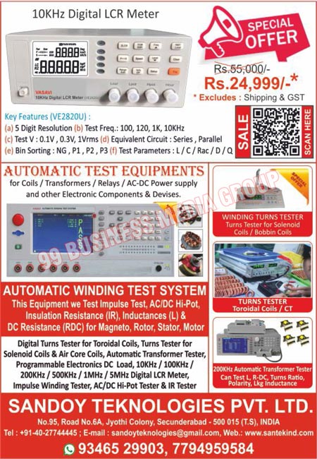 Automatic Test Equipments, Digital LCR Meters, Coil Automatic Test Equipments, Transformer Automatic Test Equipments, Relay Automatic Test Equipments, AC DC Power Supply Automatic Test Equipments, Electronic Components, Electronic Devices, Automatic Winding Test Systems, Winding Turns Testers, Solenoid Coil Turns Testers, Bobbin Coil Turns Testers, Turns Tester Toroidal Coils, Turns Tester Toroidal CT, Automatic Transformer Testers, Toroidal Coil Digital Turns Testers, Air Core Coil Turns Testers, Programmable Electronic DC Loads, Impulse Winding Testers, AC Hi Pot Testers, DC Hi Pot Testers, IR Testers