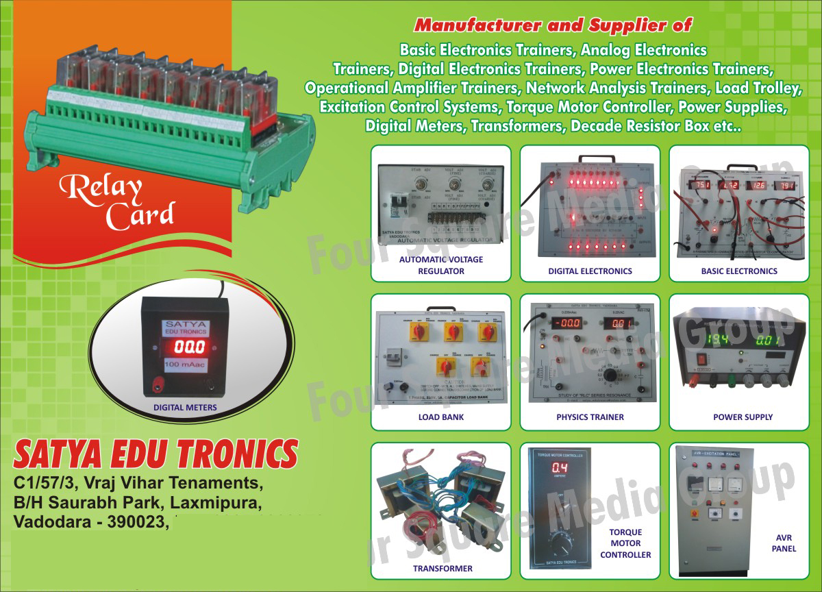 Basic Electronics Trainers, Analog Electronics Trainers, Digital Electronic Trainers, Power Electronic Trainers, Operational Amplifier Electronic Trainers, Network Analysis Trainers, Load Trolley, Excitation Control Systems, Torque Motor Controllers, Power Supplies, Digital meters, Transformers, Decade Resistor Boxes, Automatic Voltage Regulator, Digital Electronics, Basic Electronics, Physics Trainers, Load Banks, Torque Motor Controllers, AVR panels