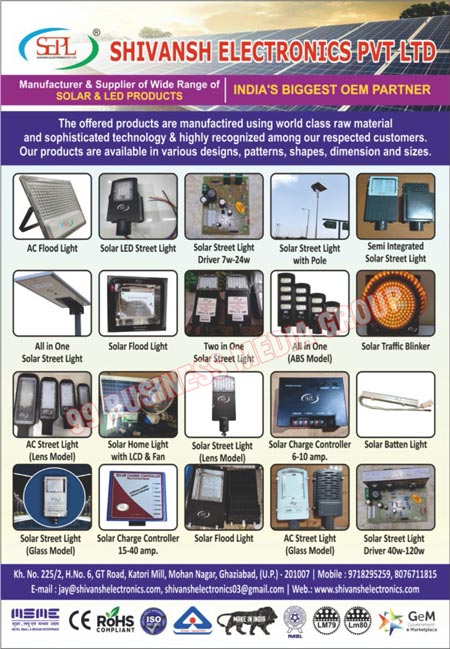 Solar Products, Led Products, Led Lights, AC Flood Lights, Solar Led Street Lights, Solar Street Light Drivers, Solar Street Lights, Semi Integrated Solar Street Lights, Solar Flood Lights, Solar Traffic Blinkers, Lens Model AC Street Lights, Solar Home Lights, Lens Model Solar Street Lights, Solar Charge Controllers, Solar Batten Lights, Glass Model Solar Street Lights, Glass Model AC Street Lights