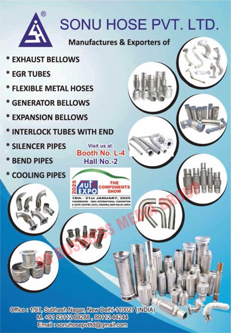 Flexible Metal Hoses, Automotive Exhaust Bellow Connectors, EGR Tubes, Interlock Pipes, Rubber Hoses, Hydraulic Gear Pumps, Quick Release Couplings, Solenoid Valves, Bades Nost Control Valves, Winde Hydraulic Motors, Interlock Tubes, Exhaust Connectors, Generator Bellows, Hydraulic Hoses, Assembling Teflon Hoses, Steam Hoses, SS Corrugated Hoses, Low Pressure Hoses, Hydraulic Pumps, Hydraulic Motors, Hydraulic Accessories, Exhaust Bellows, Expansion Bellows, Silencer Pipes, Bend Pipes, Cooling Pipes