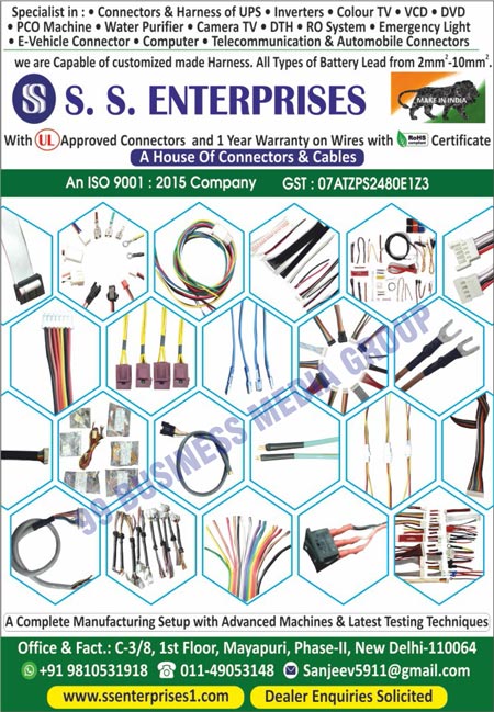 Connectors, Cables, Harnesses, UPS Connectors, UPS Harnesses, Inverter Connectors, Inverter Cables, Inverter Harnesses, Colour TV Connectors, Colour TV Cables, Colour Harnesses, VCD Connectors, VCD Cables, VCD Harnesses, DVD Connectors, DVD Cables, DVD Harnesses, PCO Machine Connectors, PCO Machine Cables, PCO Machine Harnesses, Water Purifier Connectors, Water Purifier Cables, Water Purifier Harnesses, Camera TV Connectors, Camera TV Cables, Camera TV Harnesses, DTH Connectors, DTH Cables, DTH  Harnesses, RO System Connectors, RO System Cables, RO System Harnesses, Emergency Light Connectors, Emergency Light Cables, Emergency Light Harnesses, E Vehicle Connectors, E Vehicel Cables, E Vehicle Harnesses, Computer Connectors, Computer Cables, Computer Harnesses, Telecommunication Connectors, Telecommunication Cables, Telecommunication  Harnesses, Automobile Connectors, Automobile Cables, Automobile Harnesses