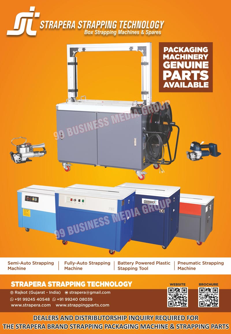 Semi Automatic Strapping Machines, Fully Automatic Strapping Machines, Battery Operated Pet Strapping Machines, Pneumatic Strapping Machines, Box Strapping Machines, Box Strapping Spares, Packaging Machines Parts, Strapping Machines, Battery Powered Plastic Strapping Tools