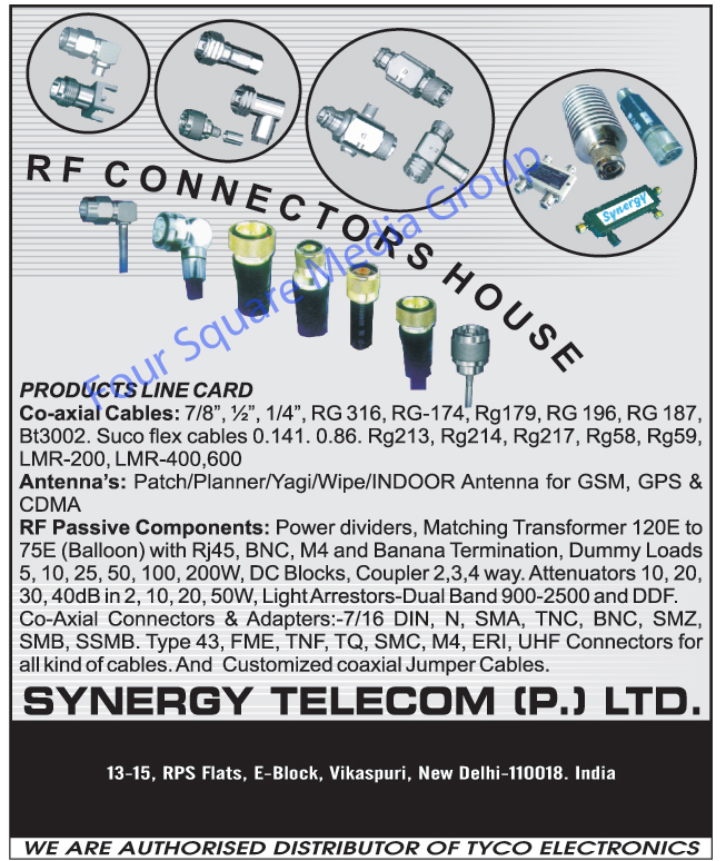 RF Connectors, Co Axial Cables, GSM Antennas, GPS Antennas, CDMA Antennas, RF Passive Components, Power Dividers, Matching Transformers, BNC, M4, Banana Terminations, Dummy Loads, DC Blocks, Two Way Couplers, Three Way Couplers, Four Way Couplers, Attenuators, Dual Band Light Arrestors, DDF Light Arrestors, Co Axial Connectors, Co Axial Adapters, UHF Cable Connectors, Customized Co Axial Jumper Cables, Suco Flex Cables, RF Cable Assemblies, RF Jumper Cables, Calibration Tool Kits, DB Connectors,  Microwave Components, Optical Fiber Accessories, Optical Fibre Accessories, Surge Arrestors, Site Masters, Proskit Tools, Rf Attenuators, Coaxial Connectors, Co axial Connectors, RF Adapters, Crimping Tools, Frequency Meters, GSM Materials, Coaxial Adapters, Co Axial Adapters, Weather Proofing Kits, RF Combiners, RF Couplers, Solar Connectors, MC4 Solar Connectors, Telecom Tools,Antenna, Indoor Antenna, Connectors, Cable