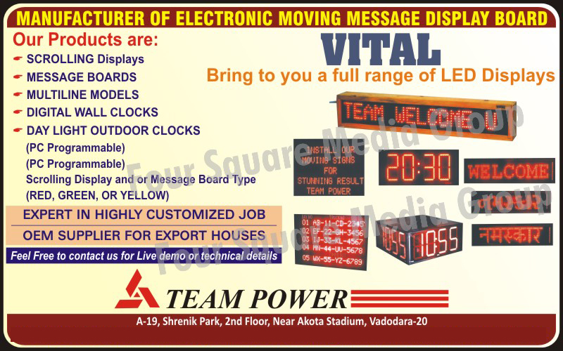 Electronic Moving Message Display Boards, Scrolling Displays, Electronic Message Boards, Digital Wall Clocks, Daylight Outdoor Clocks, Led Display Boards