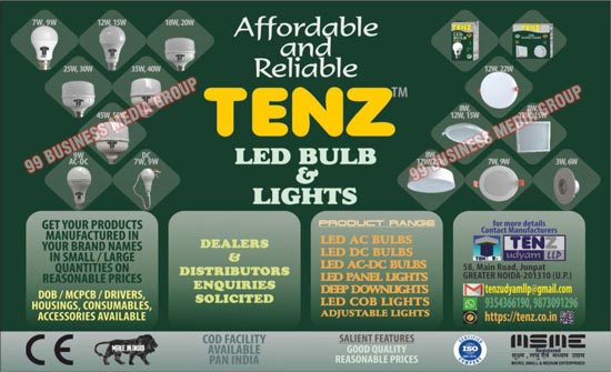 Led Bulbs, Led Lights, DOBs, MCPCBs, Led Drivers, Led Housings, Led AC Bulbs, Led DC Bulbs, Led AC DC Bulbs, Led Panel Lights, Deep Downlights, Led COB Lights, Adjustable Lights