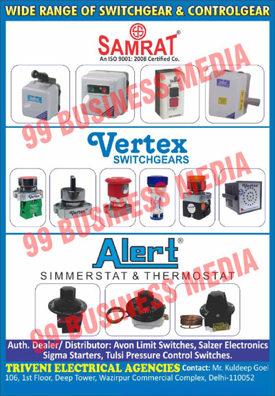 Pressure Control Switches, Starters, Limit Switches, Simmerstat, Thermostat, Switchgears
