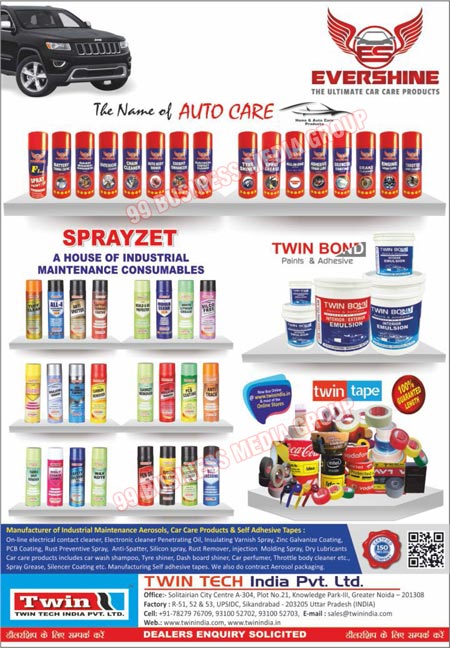 Car Care Products, Industrial Maintenance Consumables, Industrial Maintenance Aerosols, Self Adhesive Tapes, On-Line Electrical Contact Cleaners, Electronic Cleaner Penetrating Oils, Insulating Varnish Sprays, Zinc Galvanize Coatings, PCB Coatings, Rust Preventive Sprays, Anti Spatters, Silicon Sprays, Rust Removers, Injection Moulding Sprays, Dry Lubricants, Car Wash Shampoos, Tyre Shiners, Dash Board Shiners, Car Perfumers, Throttle Body Cleaners, Spray Greases, Silencer Coatings, Aerosol Packagings