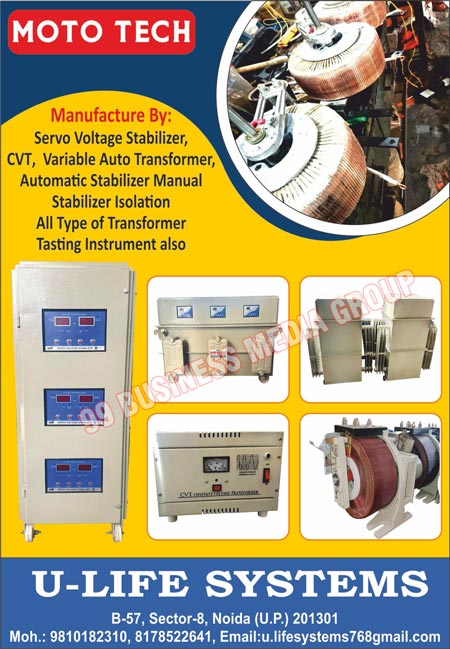 Transformers, Servo Voltage Stabilizer Transformers, CVT Transformers, Variable Auto Transformers, Automatic Stabilizer Transformers, Stabilizer Isolation Transformers, Transformer Testing Instruments