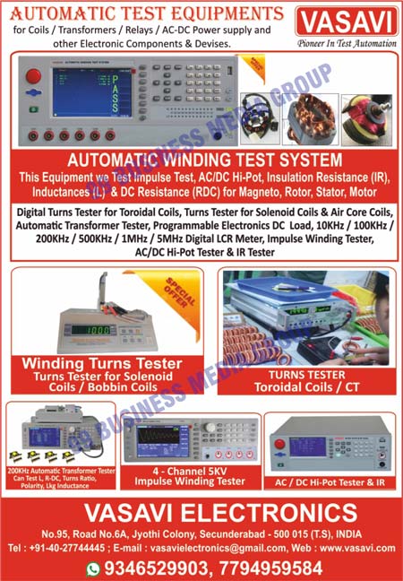 Automatic Test Equipments, Coil Test Equipments, Transformer Test Equipments, Relay Test Equipments, AC DC Power Supply Test Equipments, Electronic Component Test Equipments, Electronic Device Test Equipments, Automatic Transformer Testers, Toroidal Coils Digital Turns Testers, Winding Turns Testers, Automatic Transformer Testers, AC High Pot Testers, DC High Pot Testers, 4 Channel Impulse Winding Testers 3KV, 4 Channel Impulse Winding Testers 5KV, Four Channel Impulse Winding Testers, LCR Meters, Solenoid Coils Turn Testers, Air Core Coils Turn Testers, Programmable Electronics DC Loads, Computerized Relay Test Systems, IR Testers, Coil Test Equipments, Transformer Test Equipments, AC DC Power Supply Test Equipments, Electronic Component Test Equipments, Electronic Device Test Equipments, 10KHz LCRZ Meters, Led Electronic DC Loads, 100KHz Handheld LCR, Digital LCR Meters, Led Drivers Electronic DC Loads, SMPS Power Supplie Electronic DC Loads