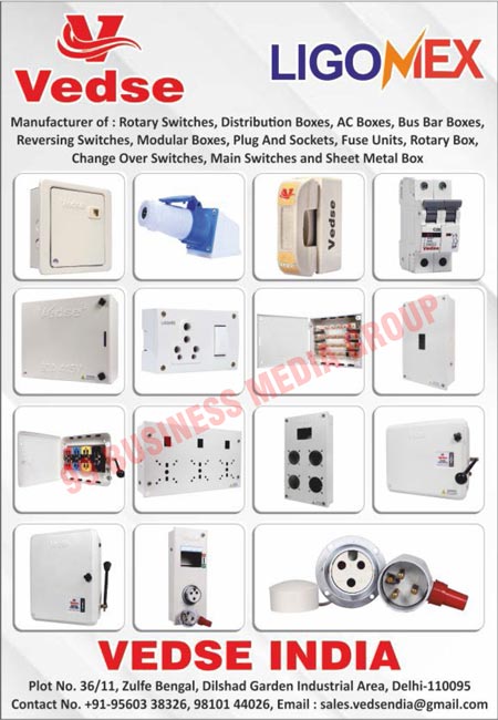 Electrical Products, Rotary Switches, Distribution Boxes, AC Boxes, Bus Bar Boxes, Reversing Switches, Modular Boxes, Plugs, Sockets, Fuse Units, Rotary Boxes, Changeover Switches, Main Switches, Sheet Metal Boxes