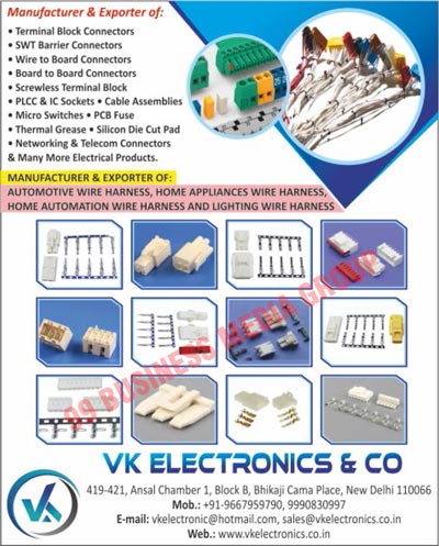 Terminal Block Connectors, SWT Barrier Connectors, Wire Board Connectors, Board Connectors, Screwless Terminal Blocks, Networking Connectors, Telecom Connectors, PLCC Sockets, IC Sockets, Cable Assemblies, Micro Switches, PCB Fuses, Thermal Greases, Silicon Die Cut Pads, Electrical Products, Light EV Industrial BMS, Light EV Battery Managements Systems, Industrial Battery Managements Systems, Double Temperature Sensors, PVC Sheets, Heat Sinks, Automotive Wire Harnesses, Home Appliances, Home Automation Wire Harnesses, Home Lighting Wire Harnesses, Home Appliance Wire Harnesses
