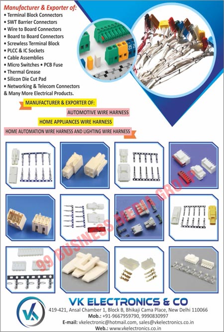 Terminal Block Connectors, SWT Barrier Connectors, Wire Board Connectors, Board Connectors, Screwless Terminal Blocks, Networking Connectors, Telecom Connectors, PLCC Sockets, IC Sockets, Cable Assemblies, Micro Switches, PCB Fuses, Thermal Greases, Silicon Die Cut Pads, Electrical Products, Light EV Industrial BMS, Light EV Battery Managements Systems, Industrial Battery Managements Systems, Double Temperature Sensors, PVC Sheets, Heat Sinks, Automotive Wire Harnesses, Home Automation Wire Harnesses, Home Lighting Wire Harnesses, Home Appliance Wire Harnesses, Electrical Wires, Electrical Cables