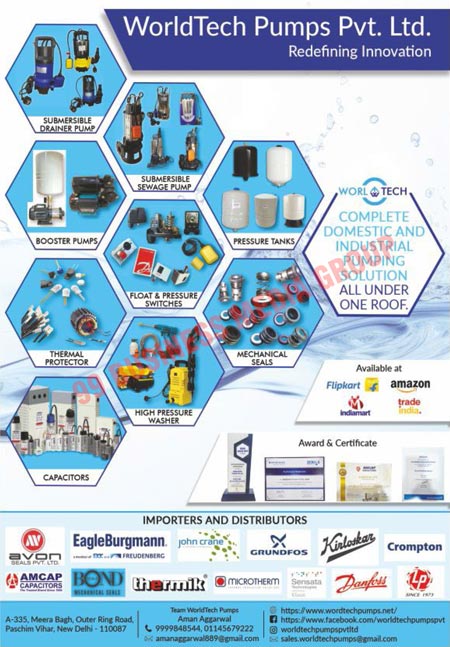 Electrical Pumps, Domestic Pumps, Industrial Pumps, Submersible Drainer Pumps, Booster Pumps, Submersible Sewage Pumps, Float Switches, Pressure Switches, Pressure Tanks, Thermal Protectors, High Pressure Washers, Capacitors, Mechanical Seals
