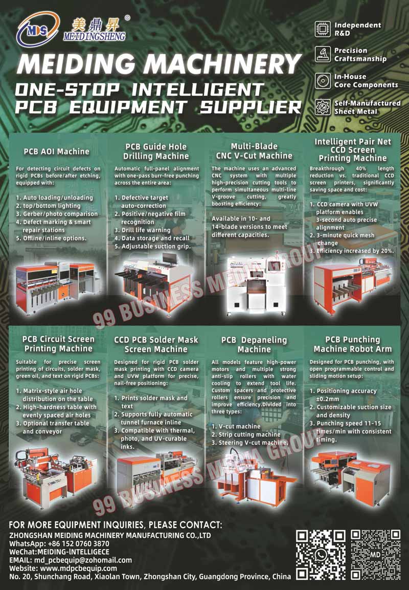 PCB Aoi Machines, PCB Guide Hole Drilling Machines, Multi Blade CNC V Cut Machines, Intelligent Pair Net CCD Screen Printing Machines, PCB Circuit Screen Printing Machines, CCD PCB Solder Mask Screen Machines, PCB Depaneling Machines, PCB Punching Machine Robot Arms